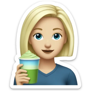 Blonde girl with blue eyes with a hot matcha sticker