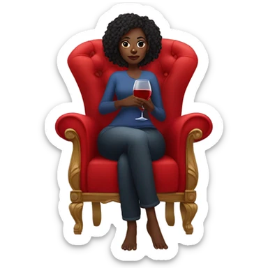 black girl sitting cross-legged on big red throne chair with one glass of wine in her hand sticker