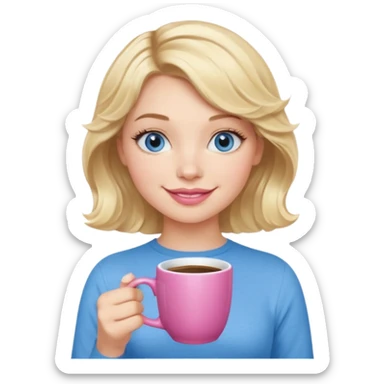 Girl Blonde short wavy hair,  blue eyes, cute blue top, long lashes, pink lips, holding white hot coffee mug sticker