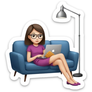 A girl is working with a laptop while lying on a sofa, with a floor lamp to the right. sticker