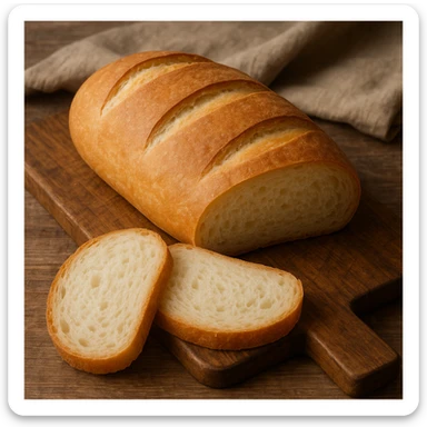 realistic Italian bakery style white bread, soft crust, fluffy interior, on a wooden board sticker
