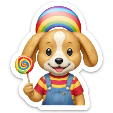 Generate a emoji of a dog with a comically large rainbow swirly lollipop with a goofy silly propeller hat, make the dog wear a striped bright yellow, red, and blue shirt with jean overalls sticker