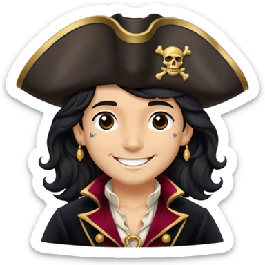 A charming pirate with wavy black hair, wearing a decorated tricorn hat and a velvet coat, smiling confidently sticker