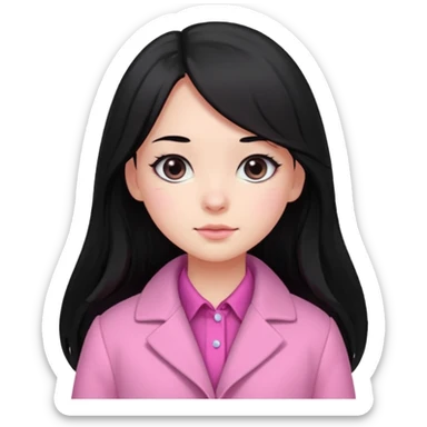 A cute girl, long black hair with 🎀, black eyes, wearing a pink coat and a pink shirt inside  sticker