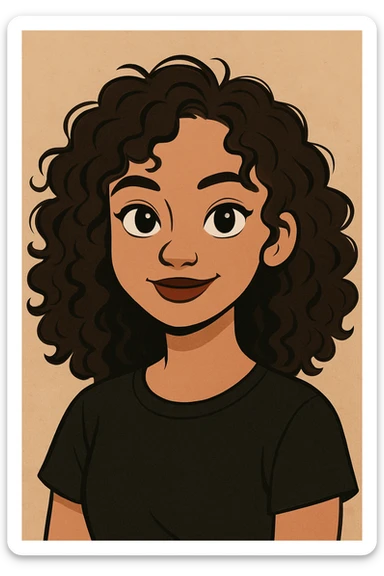 cartoon style portrait of a girl with 2b dark brown curly hair, brown eyes, brown lips, light morena skin, wearing a black t-shirt sticker