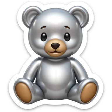 A cute teddy bear emoji made of liquid silver chrome, smooth rounded body, glossy metallic surface, soft reflections, friendly proportions, iOS emoji style, centered, clean white background sticker