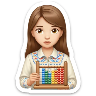 A Ukrainian girl with brown hair in an embroidered shirt holds an Abacus sticker