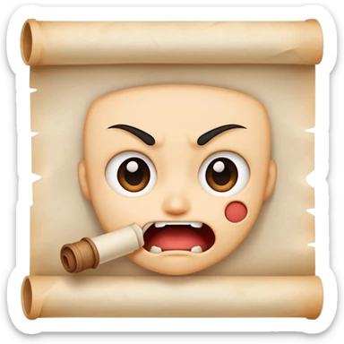 determined cartoon face biting on a small parchment scroll, anime-inspired style sticker