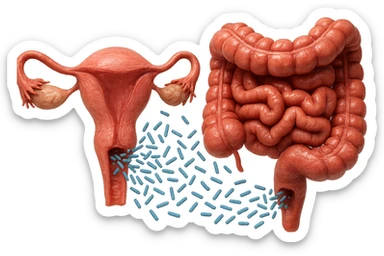 UTERO UMANO E INTESTINO ANATOMICI REALISTICI SONO UNO ACCANTO ALL'ALTRO E SI PASSANO I BATTERI A VICENDA, CON BATTERI CHE ESCONO DALL'INTERNO, IPERREALISTICO 4K, NON DISEGNATO sticker