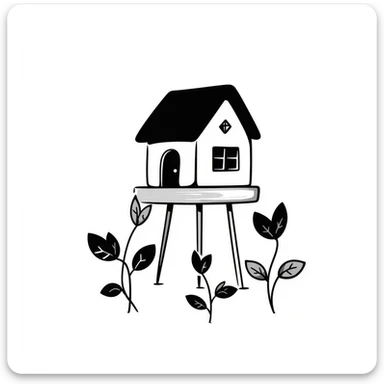 a house with a platform and plants, hand-drawn doodle style sticker