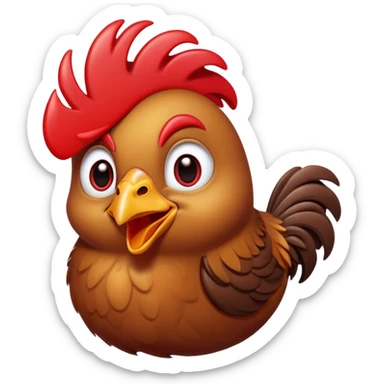 Cinematic Comical Brown Chicken Portrait Emoji, Head tilted dramatically with an exaggeratedly amused expression, featuring a striking, glossy brown plumage with a vibrant red comb, wide, expressive beady eyes filled with playful disbelief, Simplified yet hilariously expressive features, highly detailed, glowing with a slightly sassy glow, high shine, dramatic yet playful, stylized with an air of cheeky mischief, bright and endearing, soft glowing outline, capturing the essence of a spirited and over-the-top chicken, so meme-worthy it feels like it could cluck its way into internet fame instantly! sticker