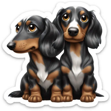 Two identical tri black merle long hair dachshunds together  sticker