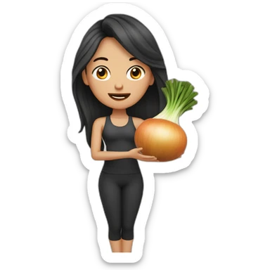 dark long hair yoga teacher feminine with an stinking onion in her hands sticker