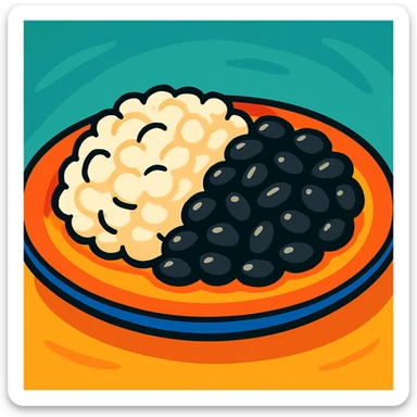 a plate of white rice and black beans, stylized, colorful, inviting sticker