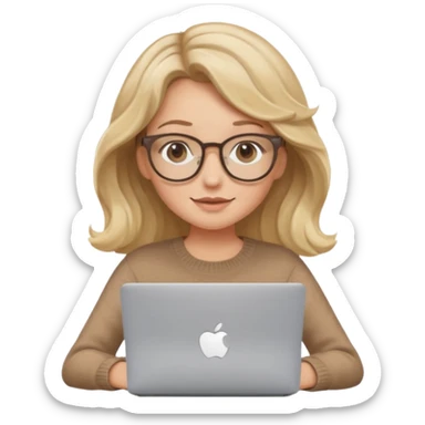 upper body view: blonde girl with dark blonde wavy hair, wearing pantos-style glasses and a brown sweater, sitting with a laptop, flat vector design, soft pastel colors, white background, Apple emoji style, upper body shot sticker