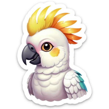 Cinematic Cute Cockatoo Portrait Emoji, Head tilted playfully and inquisitively, featuring a charming, fluffy form with a vividly colored crest, round, sparkling eyes full of playful wonder, and a soft, curved beak, Simplified yet irresistibly adorable features, highly detailed, glowing with a warm, inviting tropical glow, high shine, affectionate and lively, stylized with a touch of whimsical avian charm, soft glowing outline, capturing the essence of a mischievous yet loving cockatoo that seems as if it could flutter out of the screen into your arms! sticker