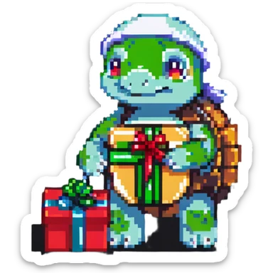 pixel art turtle with a small gift box, Mother's Day theme sticker