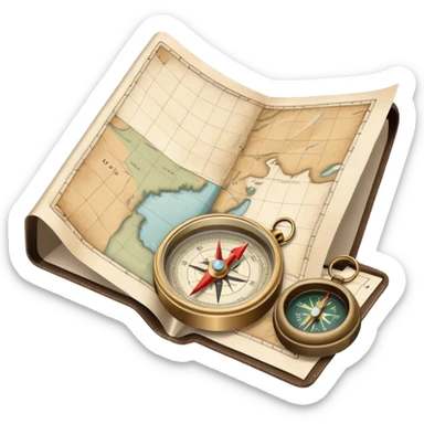 Folded travel map and compass with muted colors, not vibrant sticker