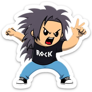 A metalhead headbanging with long hair, wearing a rock band t-shirt, excited expression sticker