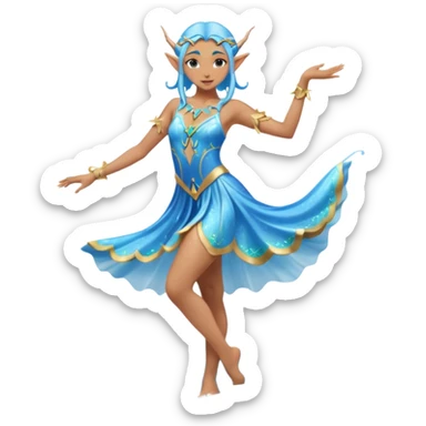 elf female dancer with water-like dress, graceful pose on wet sand, splashes, pointy ears, serene expression, centered emoji, ethereal blue colors sticker