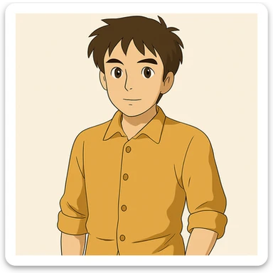 Make the man stand facing forward in a relaxed, casual pose, Ghibli style. sticker