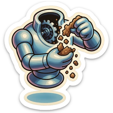 hovering robot. stuffs material into large hole on its top with 2 arms. no head. hole is where a head would be. spinning gears and blades in hole grind material.  3/4 view. between realism and cartoon. well lit. no dramatic lighting. metallic shiny robot. works diligently. drake humor sticker