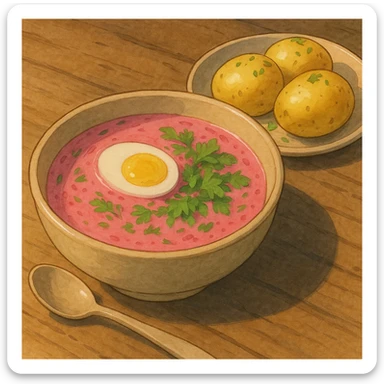 pink soup with egg and greens inside, boiled potatoes by its side, ghibli-inspired style sticker