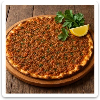 realistic lahmacun on a wooden board, garnished with parsley and a lemon wedge sticker