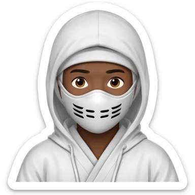 All white ninja robe with white mask to cover face and neck with a hoodie on and dark brown skin color sticker
