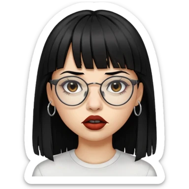 uma mulher snapchat icon, cor da pele normal, cabelo preto liso solto grande com franja vegana, curta, óculos pretos, com piercing na boca e nariz, olhos castanhos, camisa branca, a tela de fundo branca, coloque um piercing, um metal na boca e no nariz, cicatriz na sobrancelha, cor da boca preto,  sticker