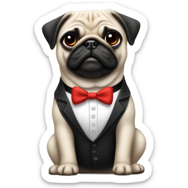 Make me a cute, but realistic pug wearing a black suit with a white undershirt wearing a red bowtie sticker