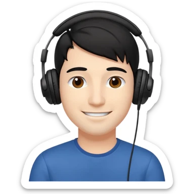 a fair-skinned guy with black hair and brown eyes, wearing headphones, looking happy and enjoying sticker