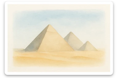 the Pyramids of Giza, watercolor illustration, soft edges, blue sky, golden sand sticker