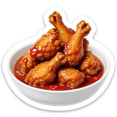 Korean Fried Chicken Cinematic Realistic Korean Fried Chicken Dish Emoji, depicted as bite-sized chicken chunks generously coated in a glossy, spicy sauce, in a bowl. sticker