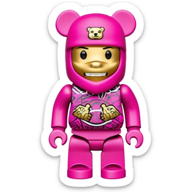 bearbrick toy figure wearing a bright pink balaclava with big pouty lips and gold grillz teeth visible, decorated with luxury brand logos and graffiti style patterns, striking a cool hip-hop pose with arms crossed confidently sticker