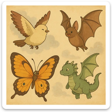 a whimsical collection of animals with wings including a bird, bat, butterfly, and dragon in ghibli style sticker
