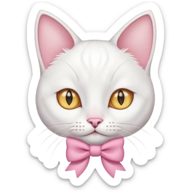 white cat sitting and she has a pink small bow on her right ear,she has golden eyes,she's fully white,even her ears,the only color is the pink small bow on her right ear,the cat is small sticker