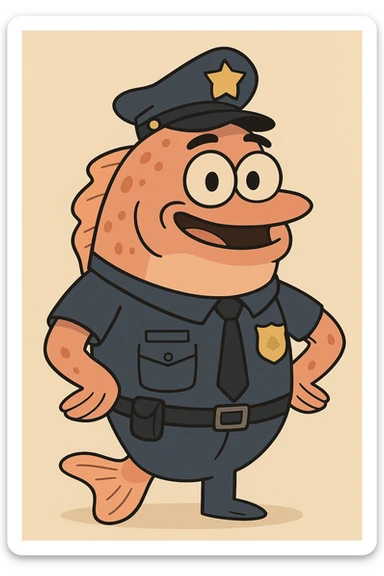 a fish in a police uniform, smiling, simple style sticker