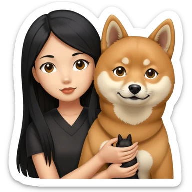 A girl with long black straight hair holding a black Shiba Inu sticker