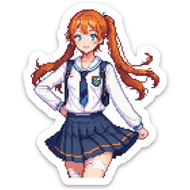anime girl in school uniform, orange hair in side ponytail, blue eyes, standing in a courtyard with cherry blossom petals, skirt and hair fluttering in breeze, cheerful expression sticker