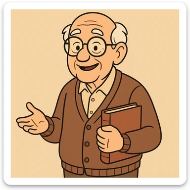 an elderly teacher, about 80 years old, smiling, holding a book, wearing a cardigan, cartoon style sticker