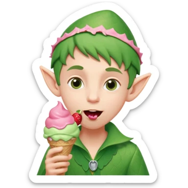 
A young elf boy in leafy clothes licking a triple-scoop ice cream with wide eyes.
baby elf with strawberry ice cream




 sticker