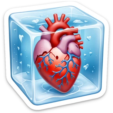 Ultra-realistic photo of a human heart frozen inside a clear ice cube, sharp details, icy texture, frost on the surface, studio lighting, 8k resolution sticker
