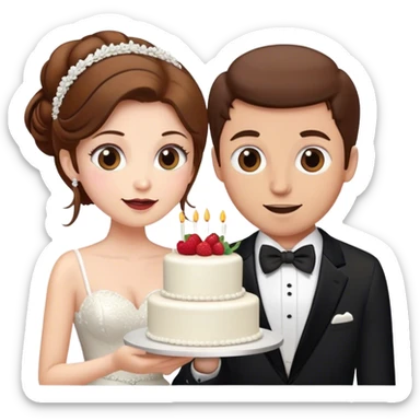 Wedding dress woman with brown hair and man in a tux with brown hair eating wedding cake sticker