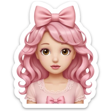 “Emoji girl, doe eyes, long fluttery lashes, soft pink blush, glossy rose lips, ribbon hair bow, romantic curls, wearing pastel pink lace top.” sticker
