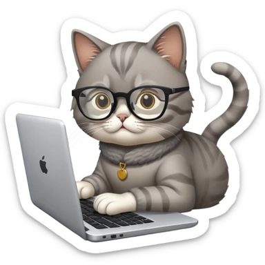 cat wearing glasses typing on laptop sticker