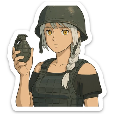  a closeup portrait of young woman with gold yellow eyes, white hair, long braid, black off-shoulder top d-cup, punk gothic style, futuristic cyberwave cyberpunk,  she has a plate carrier armor vest , and a old-style steel bulletproof combat helmet. holding up a m67 hand grenade  sticker
