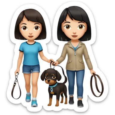 dark brown short haired girl walking a black haired girl with bangs on a dog leash sticker