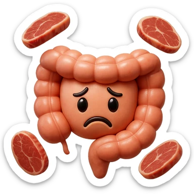 emoji stile iphone in 3d di un intestino triste
 con fette di carne che gli fluttuano intorno, iperrealistico 4k sticker