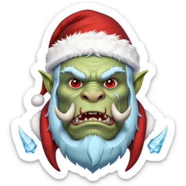 Fantasy orc emoji portrait, Santa Claus hat stretched around tusks, tusks covered with ice and crimson frost cracks, cold predator expression, winter hunt atmosphere, minimal clean emoji design, male/female variant
 sticker